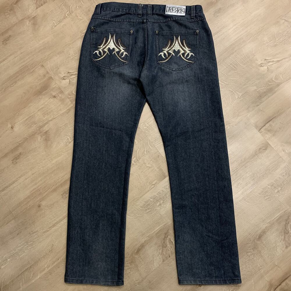 Y2K True Rock Embroidered Tribal Design Back Pocket Jeans Men's 36x34 (36x33)